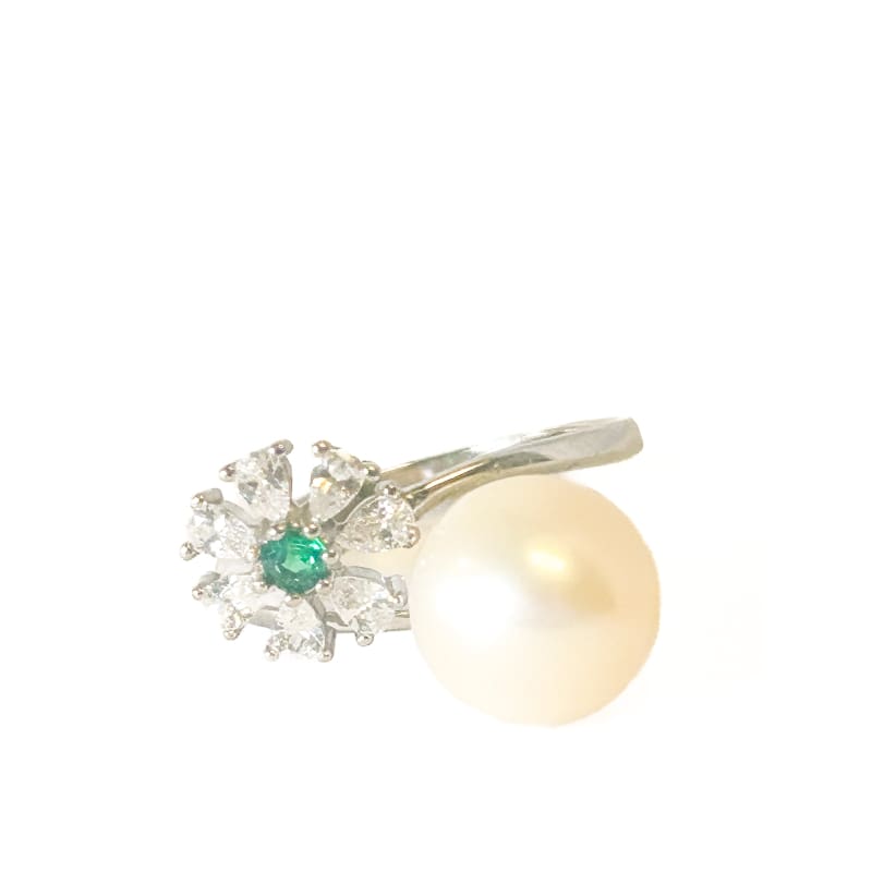 925 Sterling Silver Pearl and Emerald Adjustable Ring - Frijja, LLC
