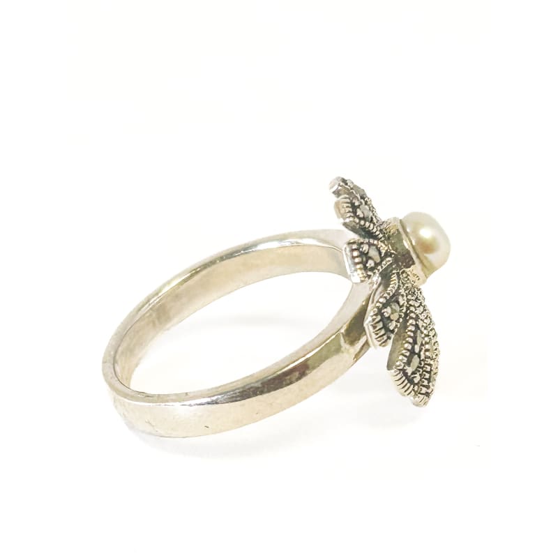 925 Sterling Silver Pearl and Marcasite Ring Size 6 - Frijja, LLC
