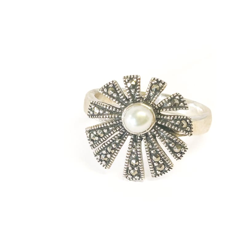 925 Sterling Silver Pearl and Marcasite Ring Size 6 - Frijja, LLC