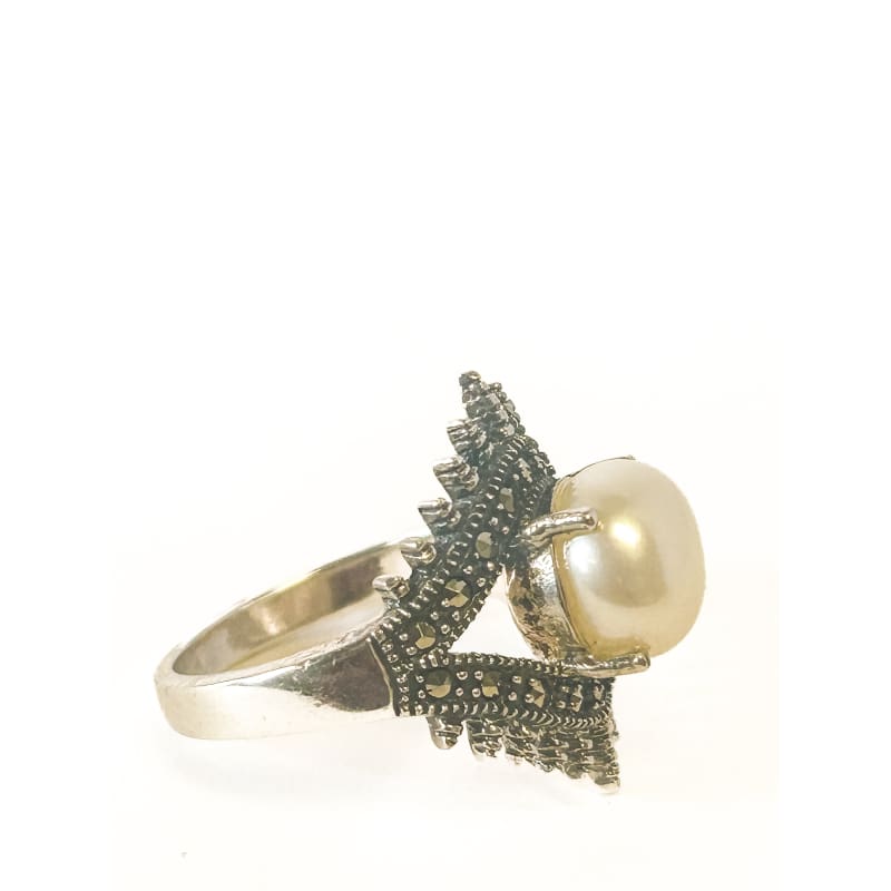 925 Sterling Silver Pearl and Marcasite Ring Size 6 - Frijja, LLC