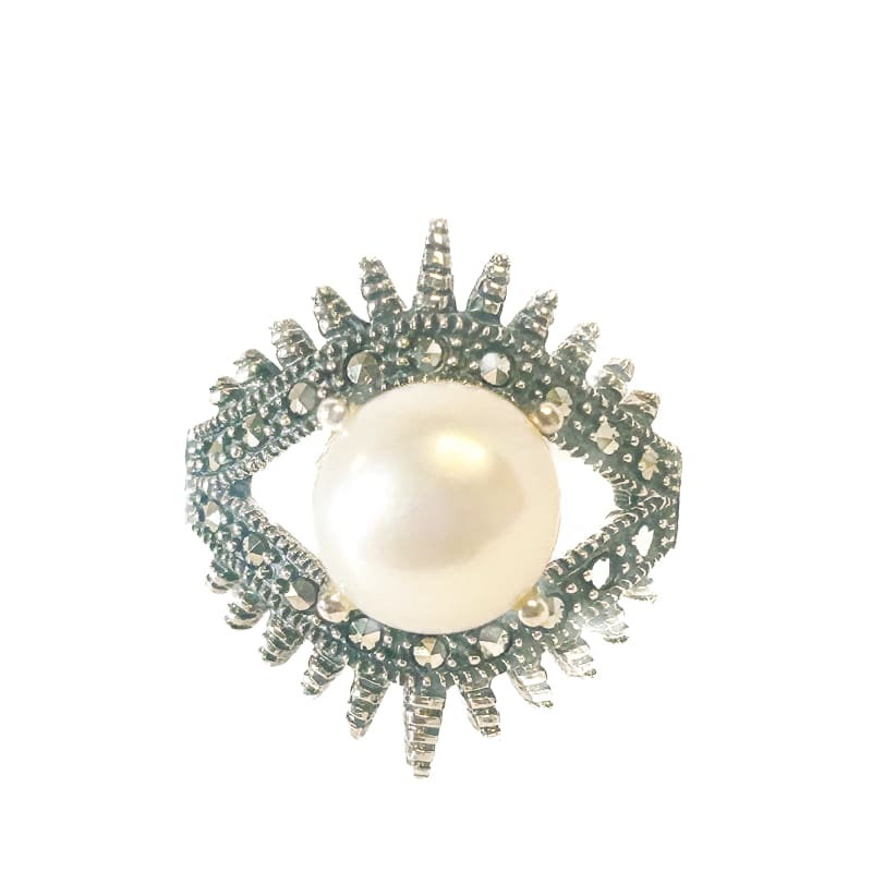 925 Sterling Silver Pearl and Marcasite Ring Size 6 - Frijja, LLC
