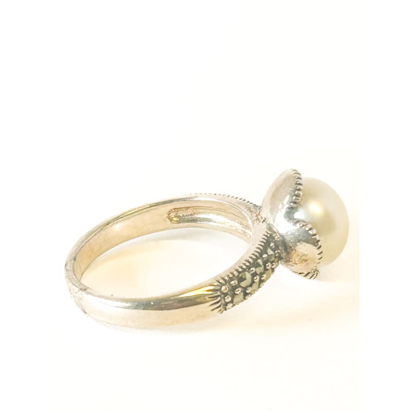 925 Sterling Silver Pearl and Marcasite Ring Size 7 - Frijja, LLC