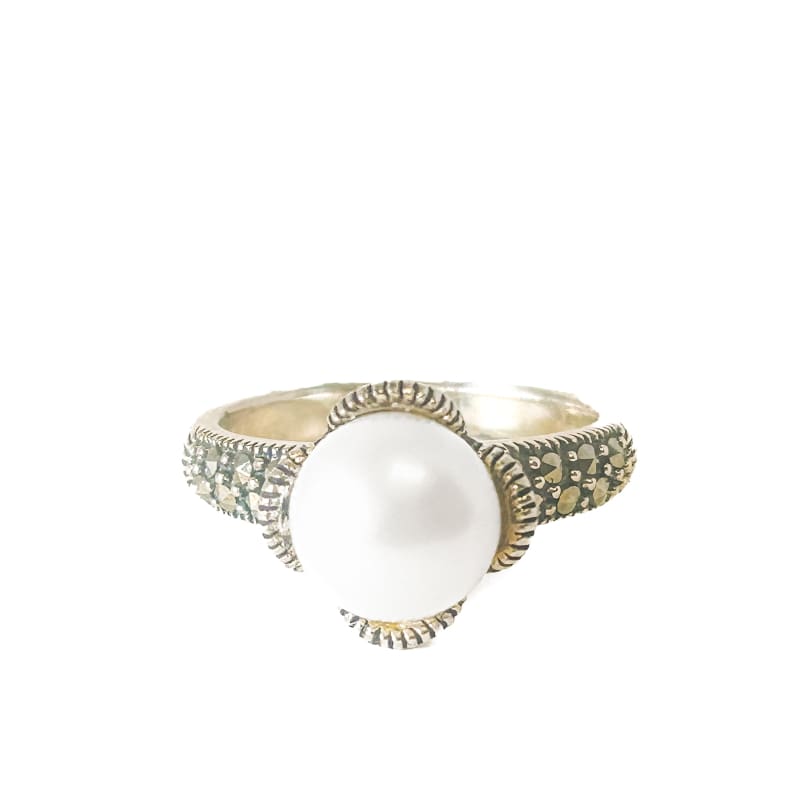 925 Sterling Silver Pearl and Marcasite Ring Size 7 - Frijja, LLC
