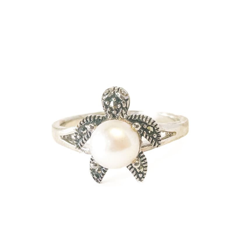 925 Sterling Silver Pearl and marcasite Turtle Ring Size 8 - Frijja, LLC