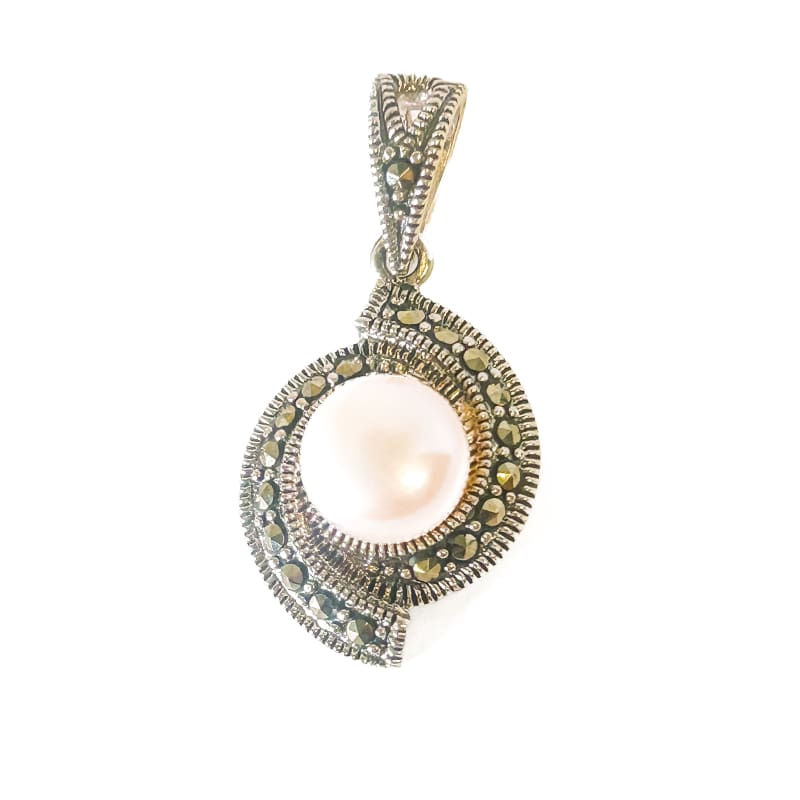 925 Sterling Silver Pink Pearl and Marcasite Pendant - Frijja, LLC