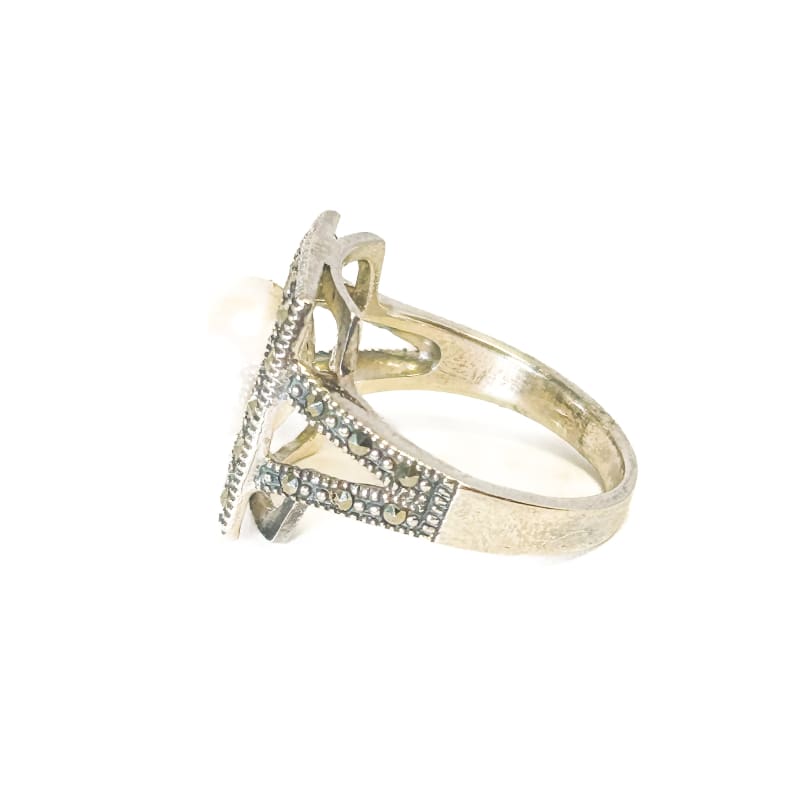 925 Sterling Silver Marcasite and Pearl Ring Size 7 - Frijja, LLC