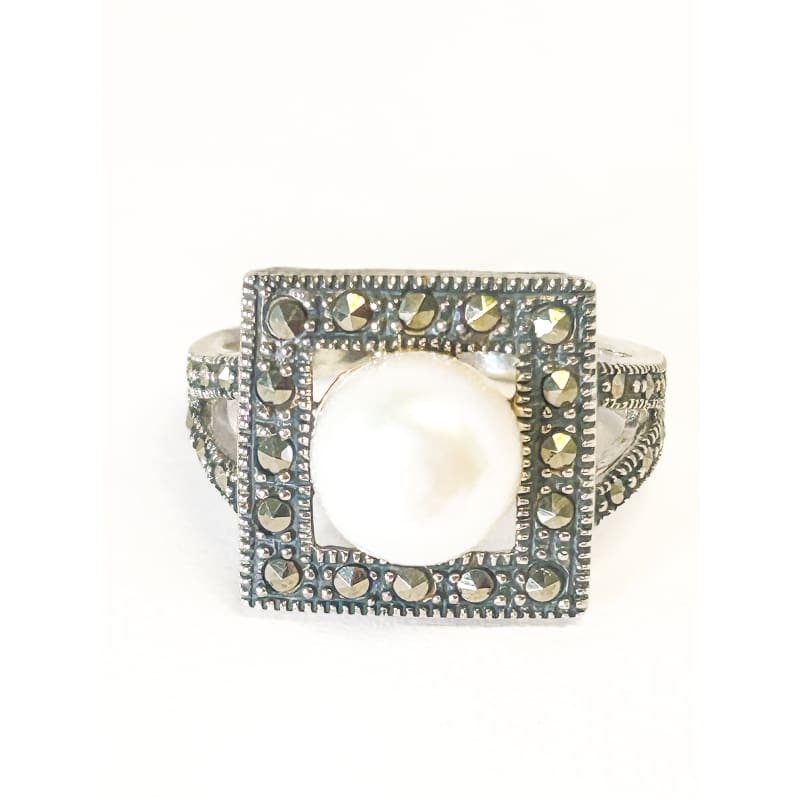 925 Sterling Silver Marcasite and Pearl Ring Size 7 - Frijja, LLC