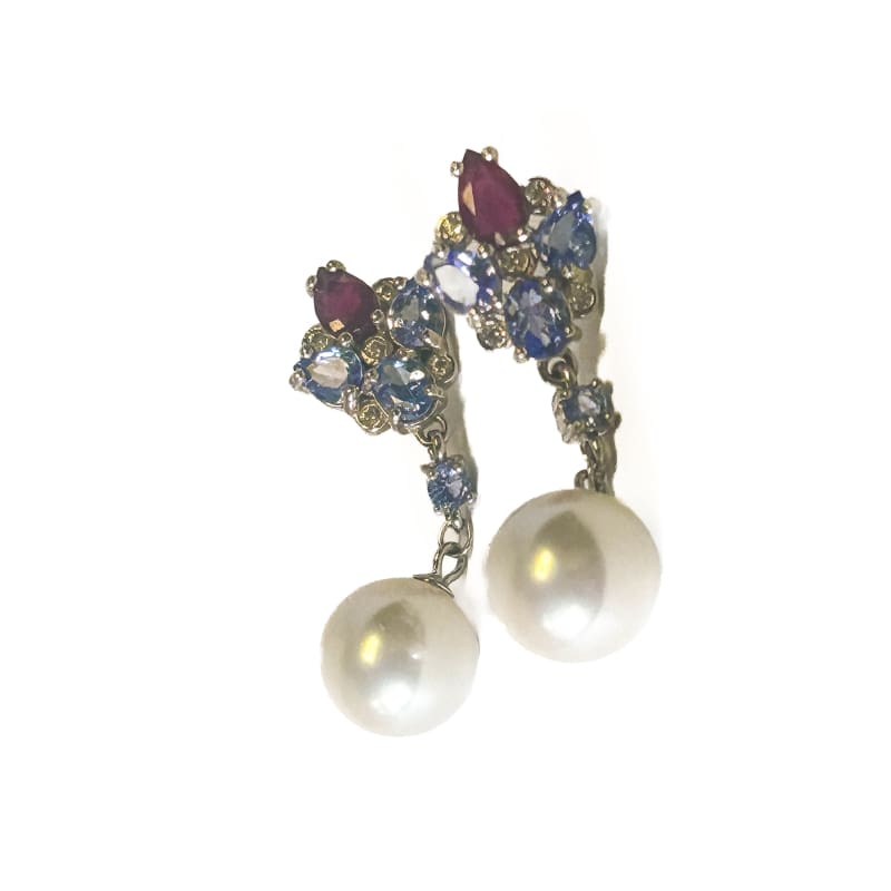 925 Sterling Silver Tanzanite, Ruby, and Pearl Dangle Earrings - Frijja, LLC