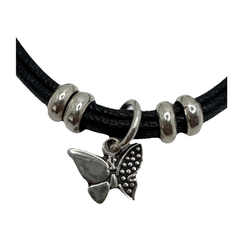 950 Sterling Silver Black Leather Bracelet Butterfly Charm - Frijja, LLC