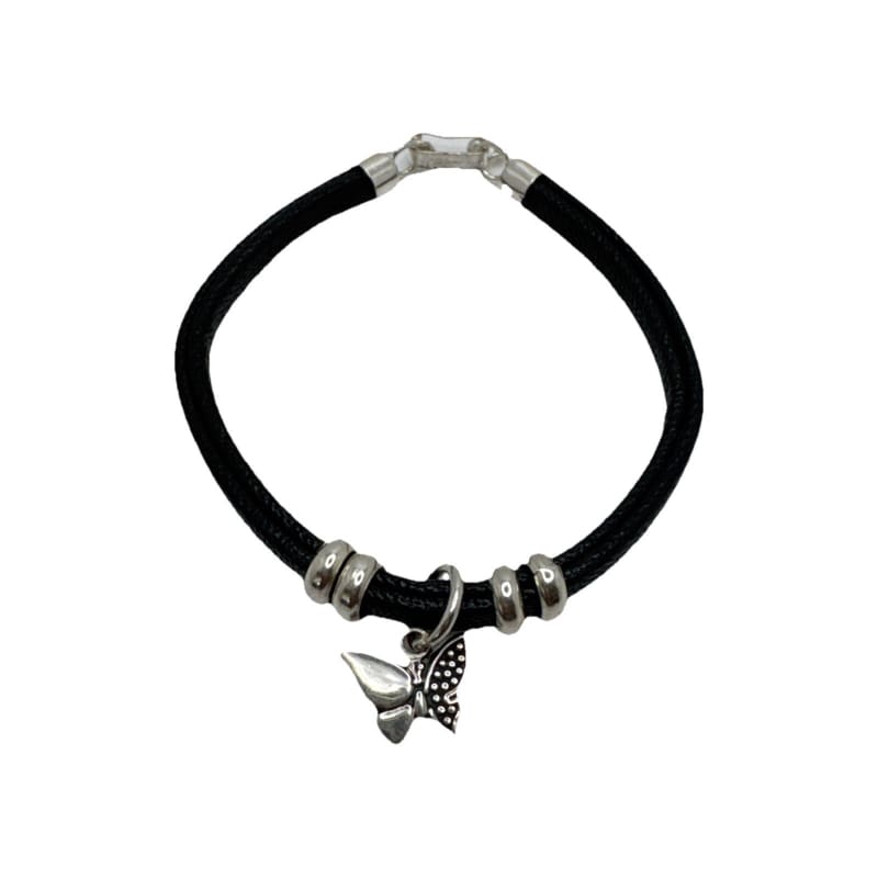 950 Sterling Silver Black Leather Bracelet Butterfly Charm - Frijja, LLC