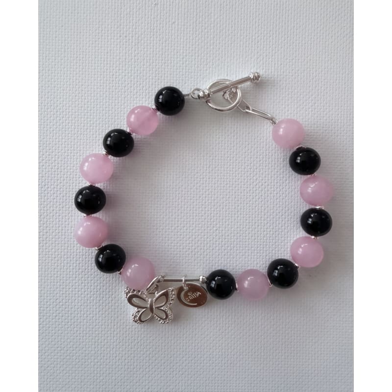 .950 Sterling Silver Rose Quartz Onyx Bracelet - 7.5” - Frijja, LLC