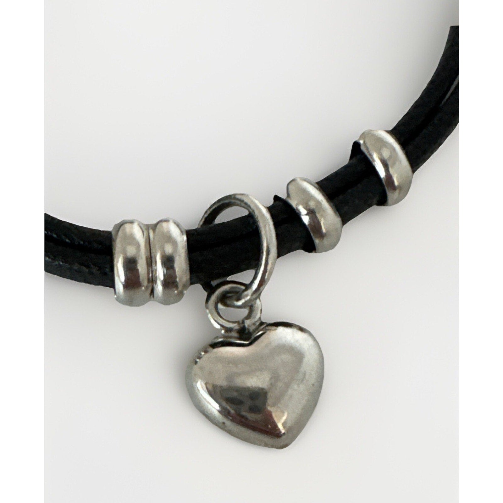 950 Sterling Silver Black Leather Bracelet Heart