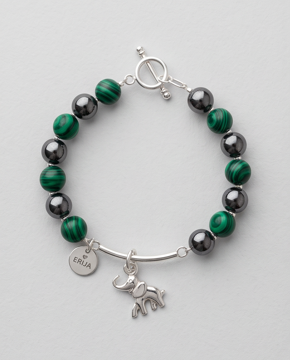 .950 Sterling Silver Hematite Malaquite Gemstones Bracelet - 7.5”