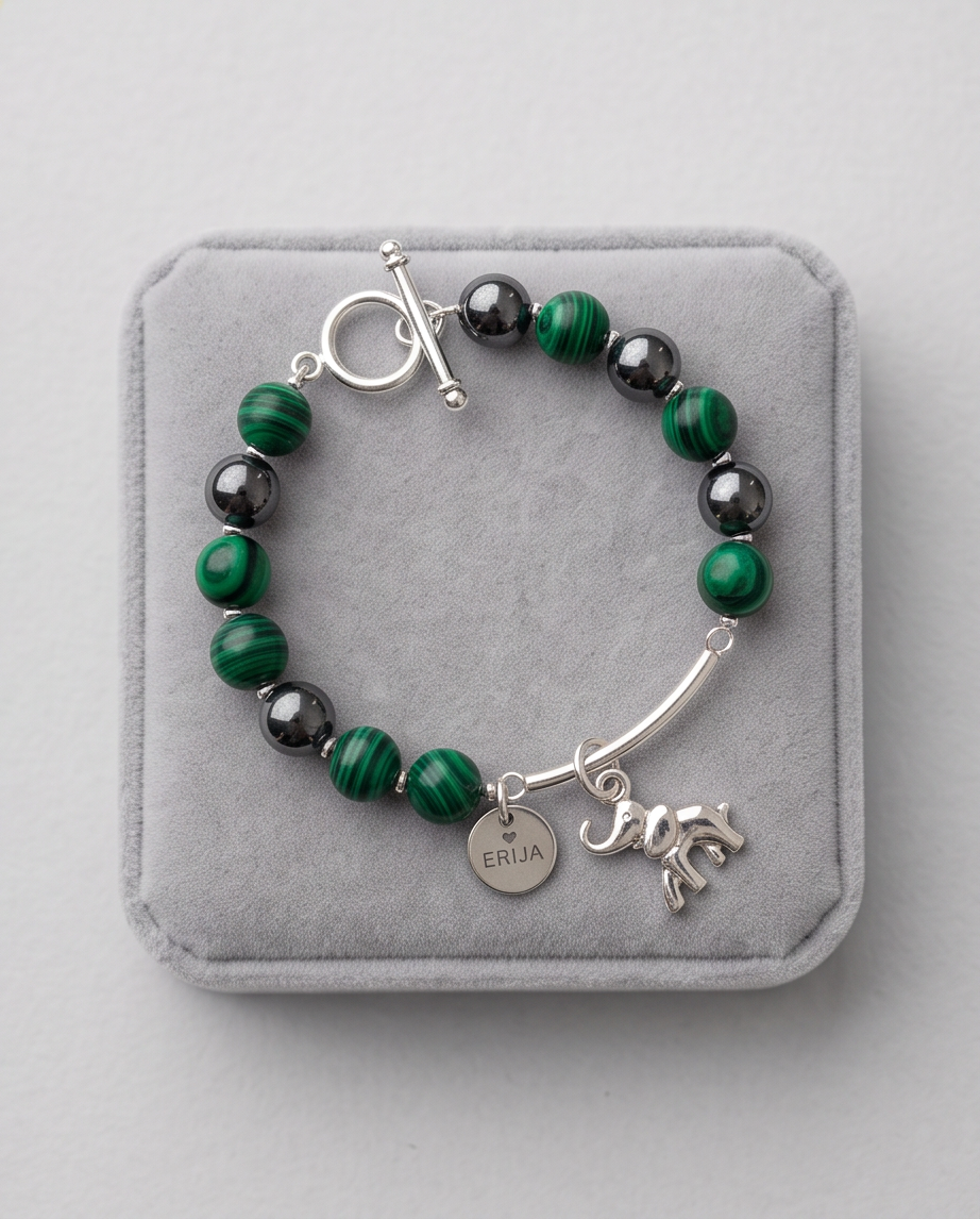 .950 Sterling Silver Hematite Malaquite Gemstones Bracelet - 7.5”