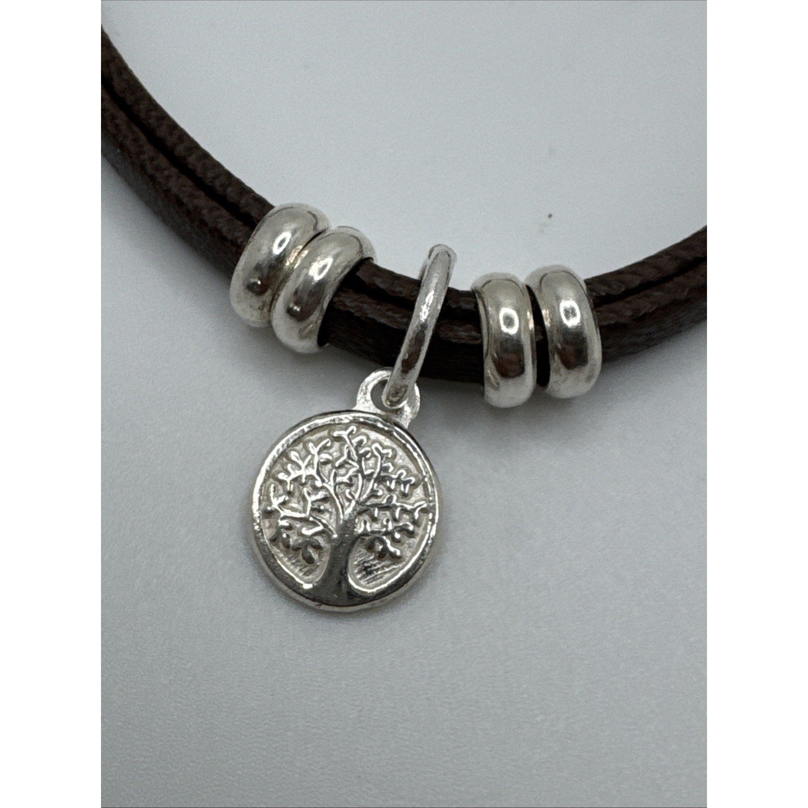 950 Sterling Silver Brown Leather Bracelet Tree Of Life Charm