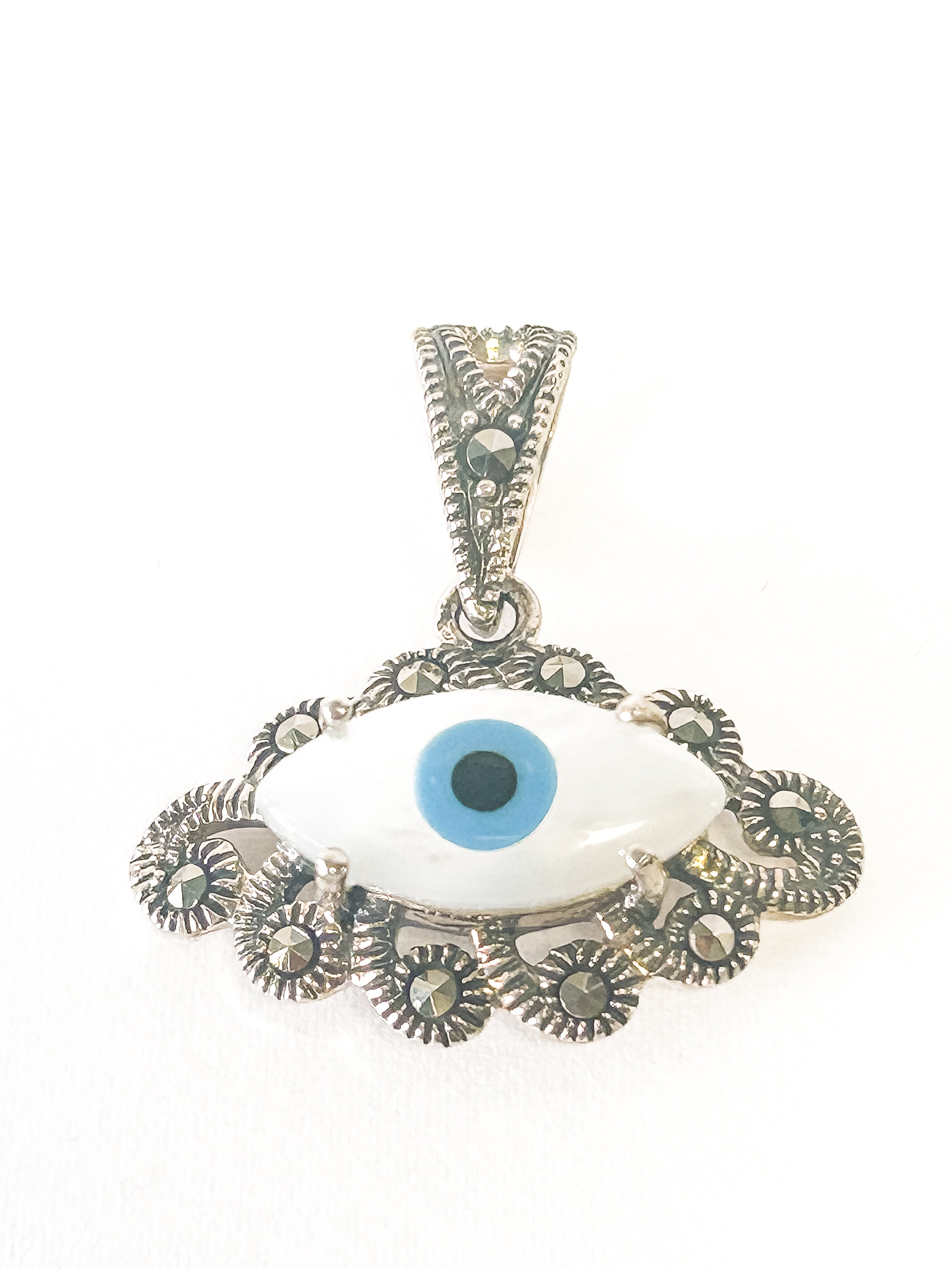 Vintage 925 Sterling Silver Marcasite Mother of Pearl Evil Eye Pendant - Frijja, LLC