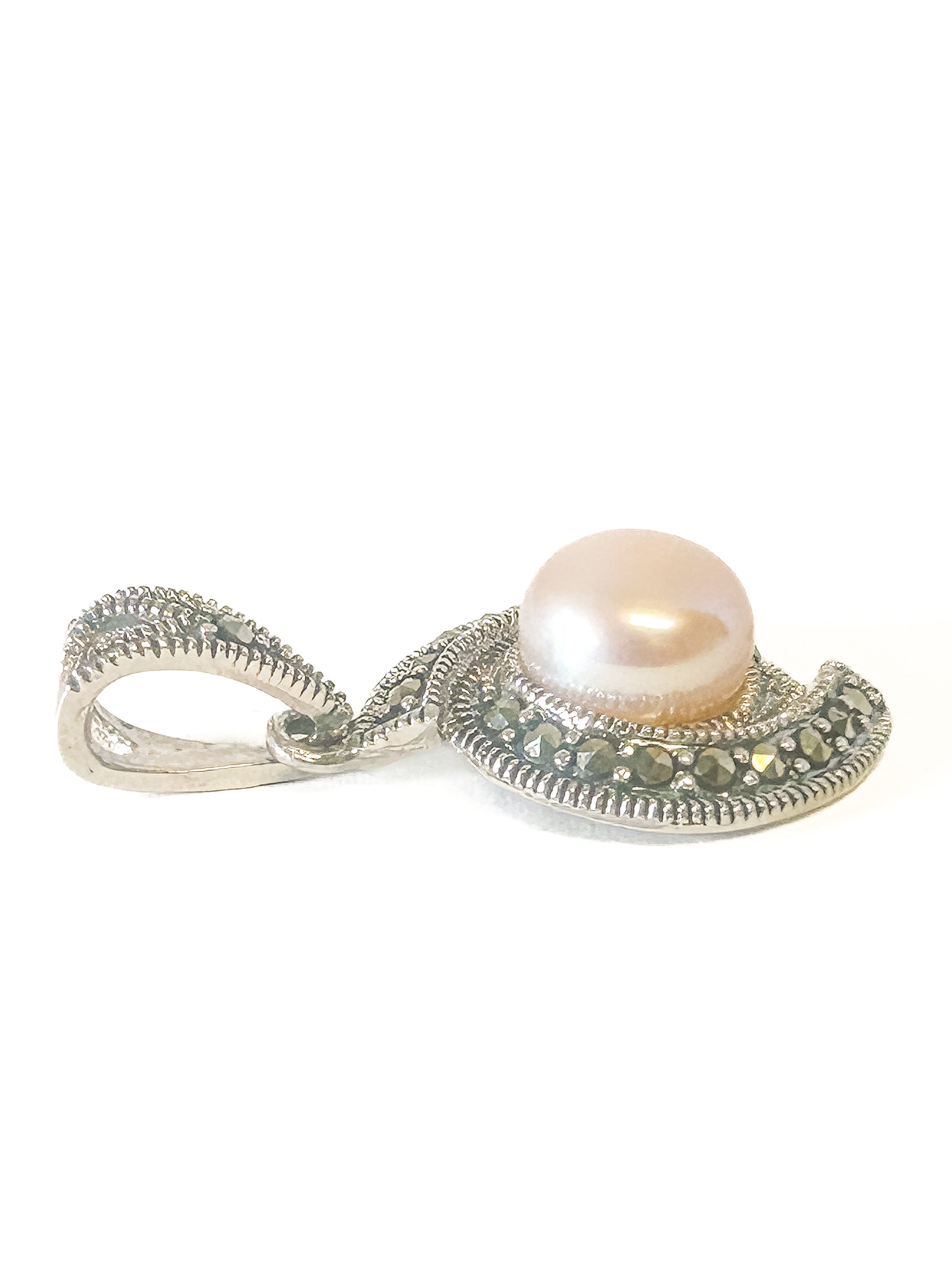 925 Sterling Silver Pink Pearl and Marcasite Pendant - Frijja, LLC