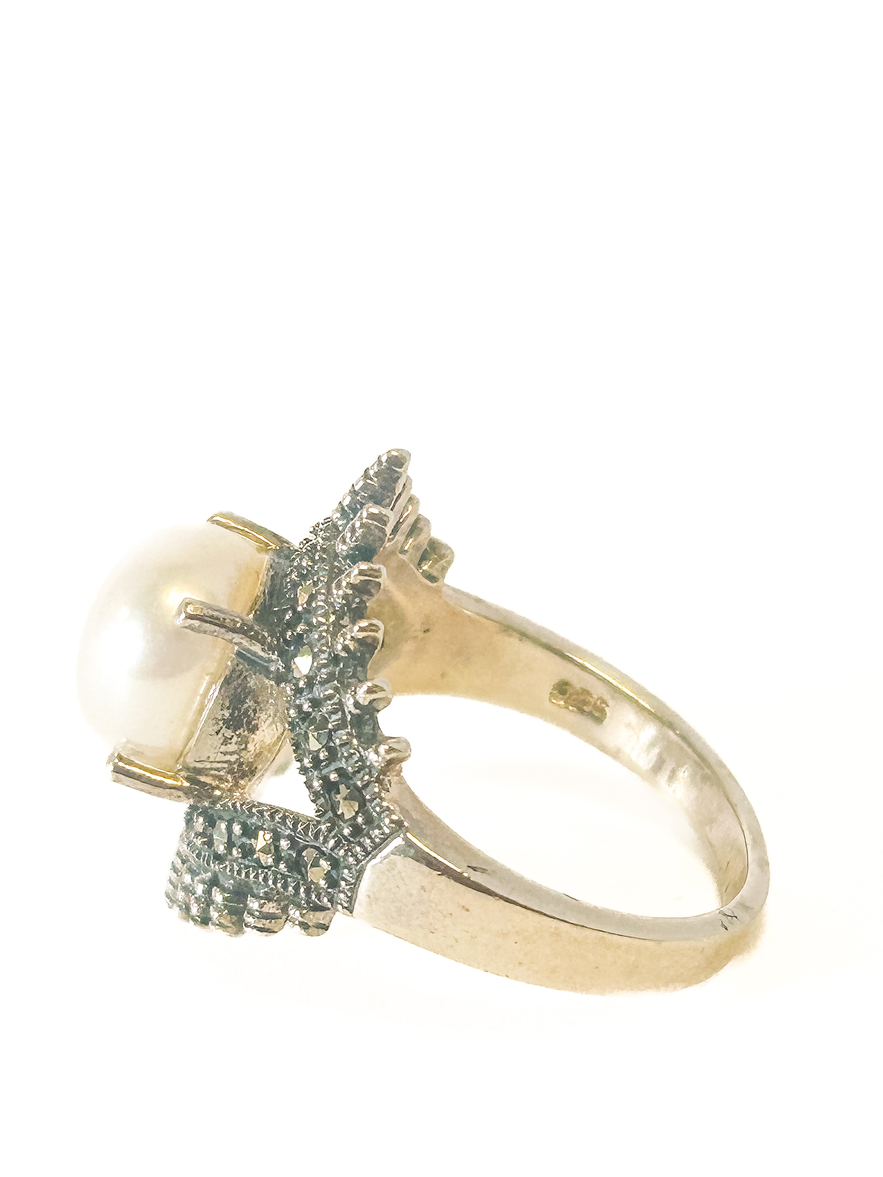 925 Sterling Silver Pearl and Marcasite Ring Size 6 - Frijja, LLC