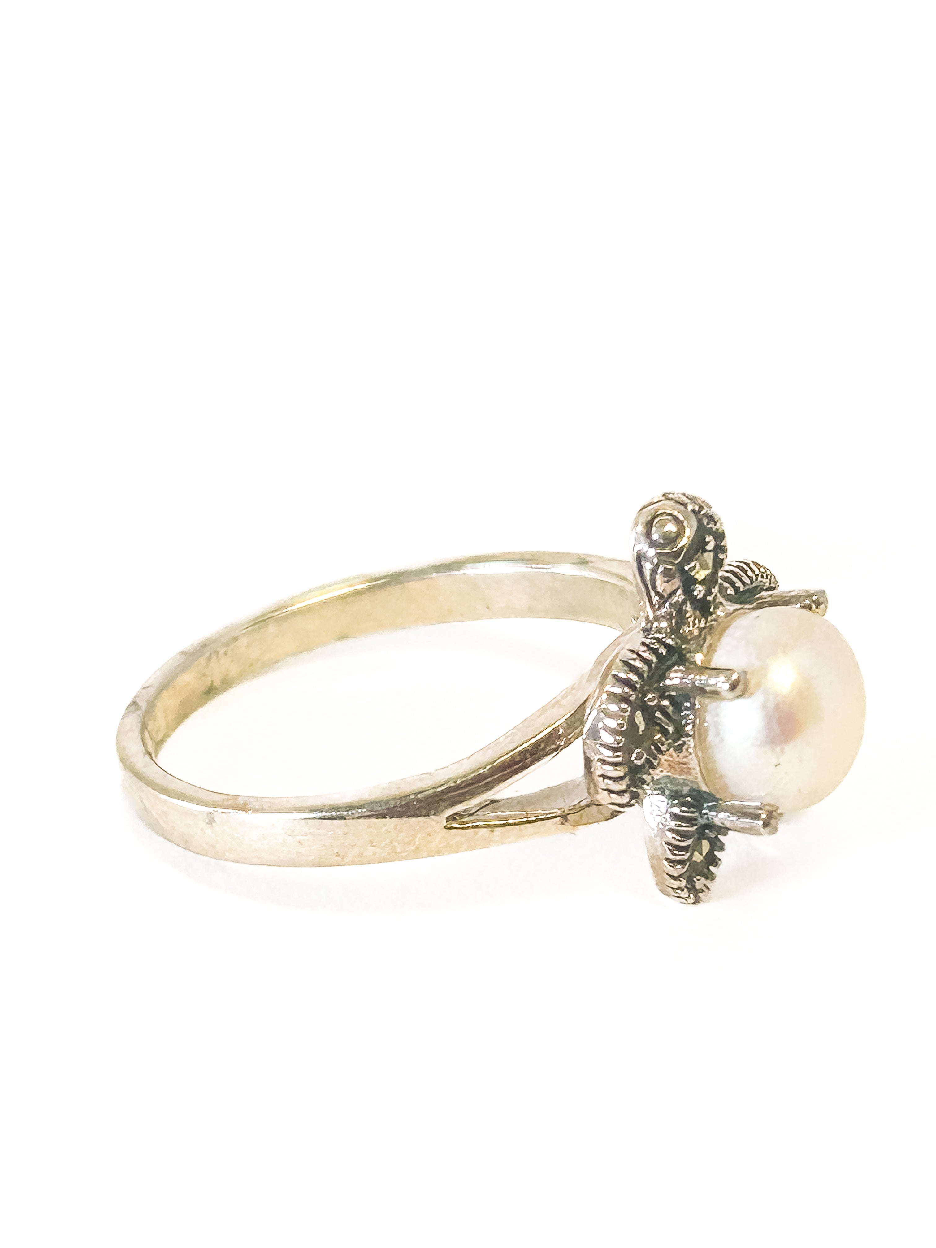 925 Sterling Silver Pearl and marcasite Turtle Ring Size 8 - Frijja, LLC