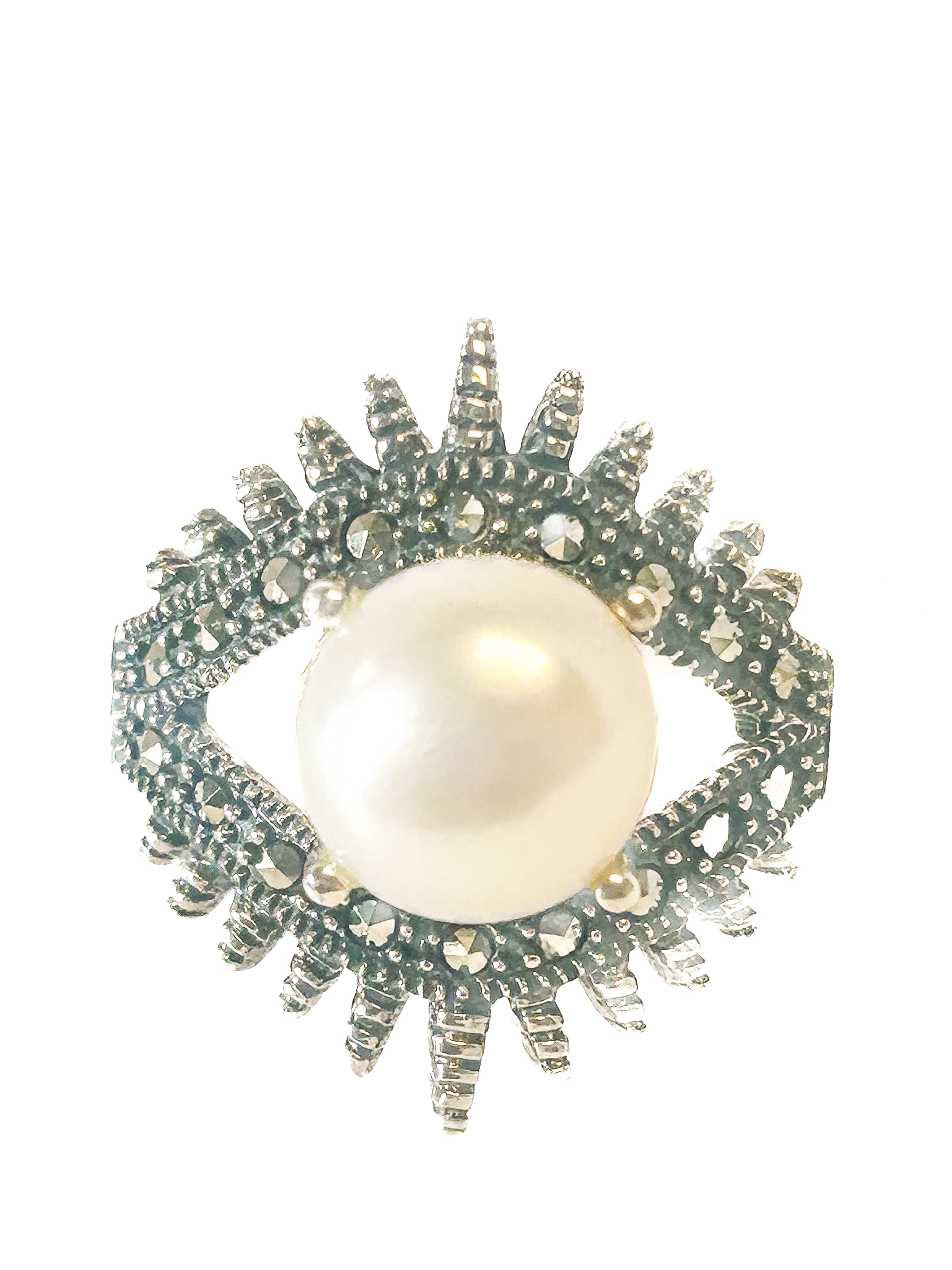 925 Sterling Silver Pearl and Marcasite Ring Size 6 - Frijja, LLC