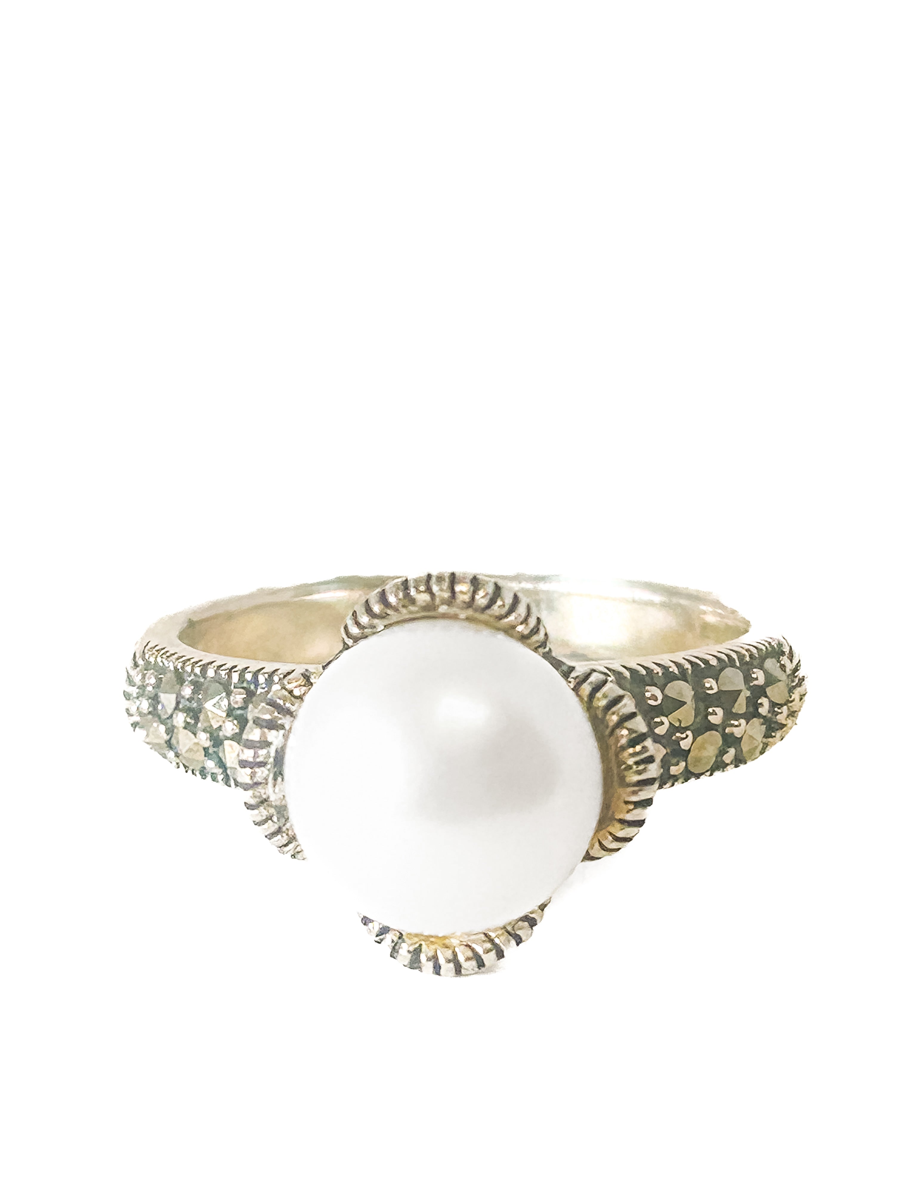 925 Sterling Silver Pearl and Marcasite Ring Size 7 - Frijja, LLC