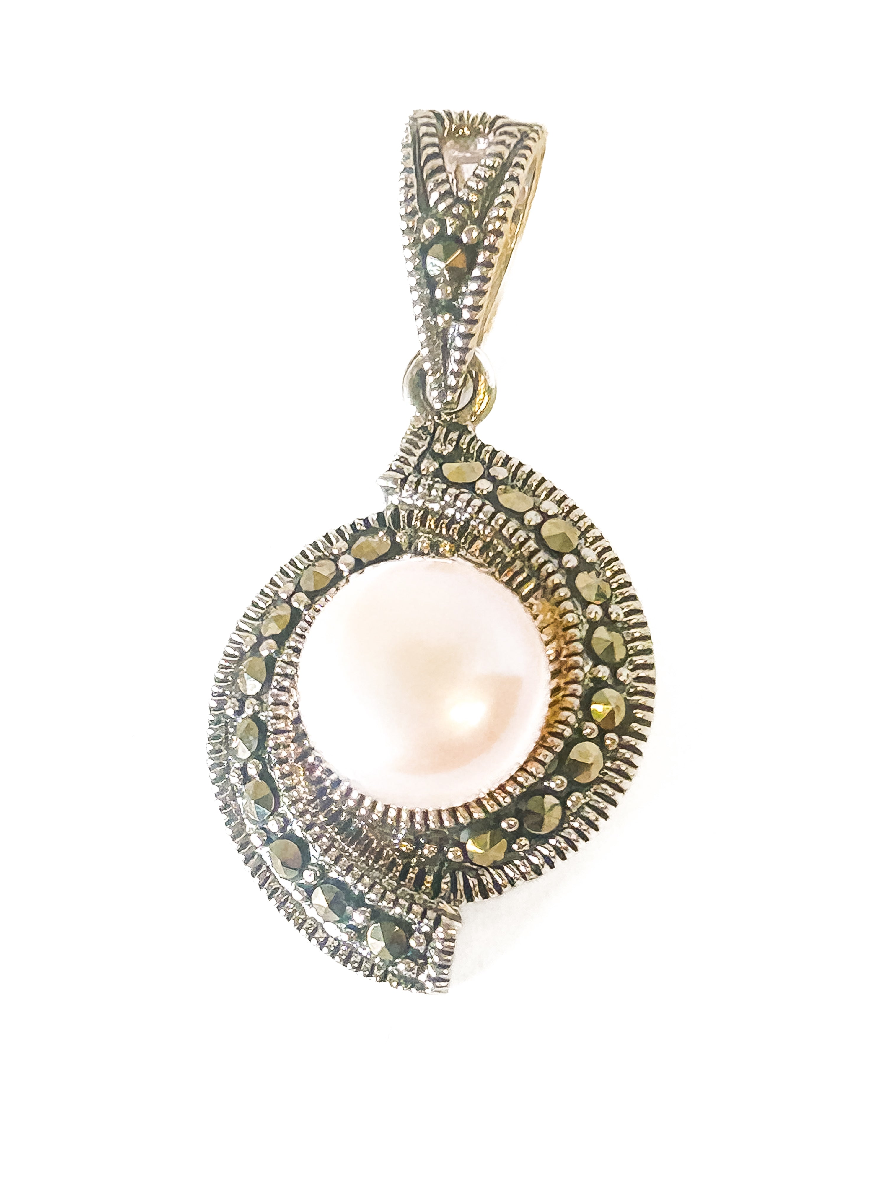 925 Sterling Silver Pink Pearl and Marcasite Pendant - Frijja, LLC