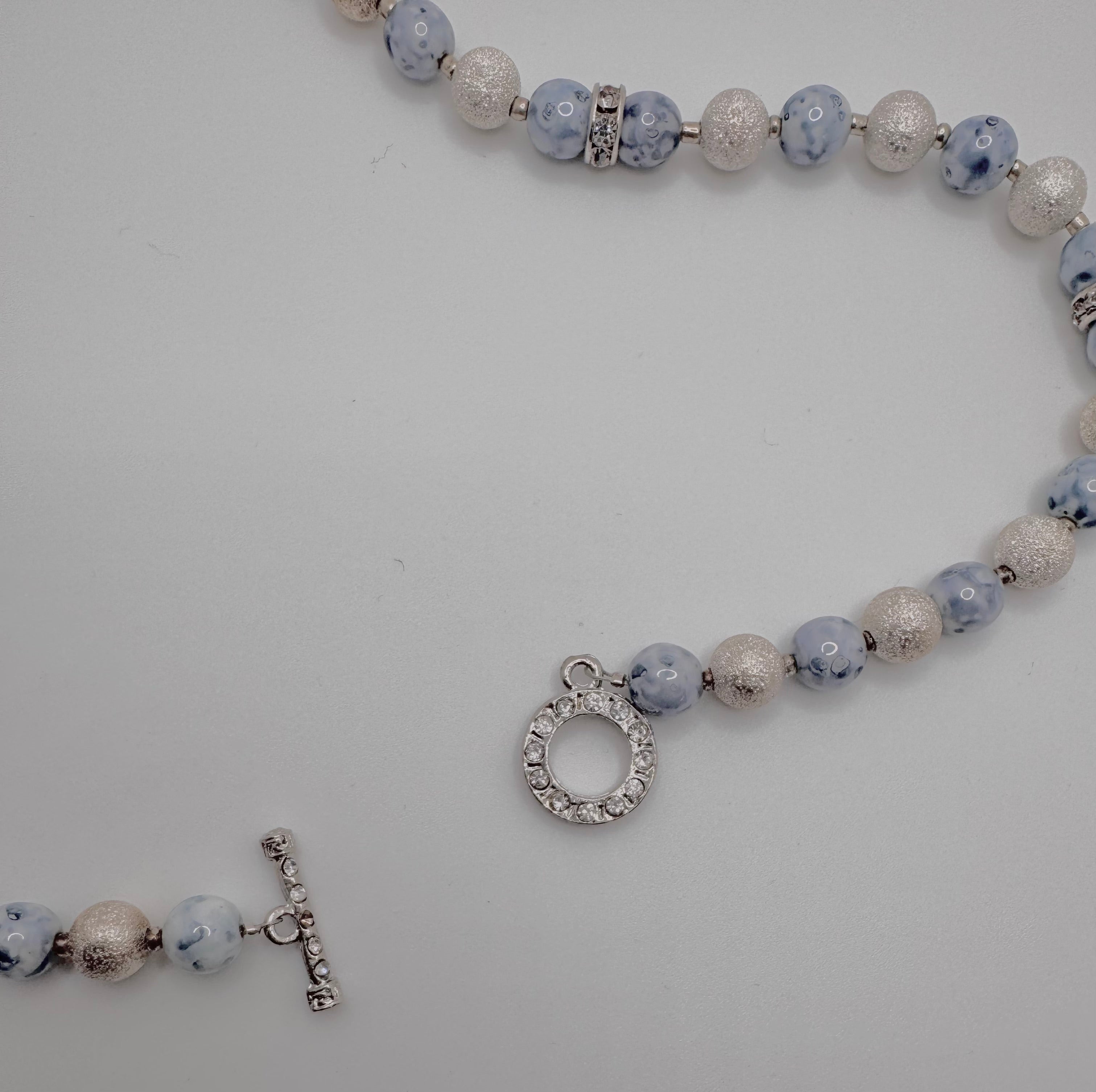 Handmade Ceramic Beads & Silver Tone Necklace - Blue/Silver