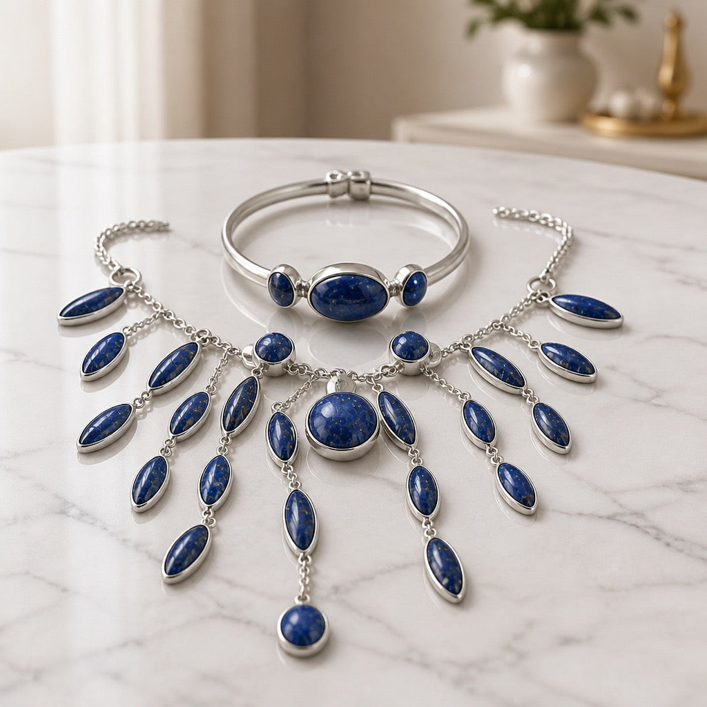 Moon Radiance Set .950 Sterling Silver Sodalite Stones (Necklace, Earrings, Bracelet and Ring