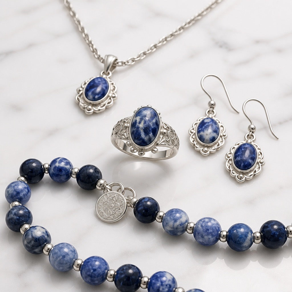 Victorian Elegance Set - 950 Sterling Silver Sodalite Gemstone (Neckalce, Earrings, Bracelet, RIng)