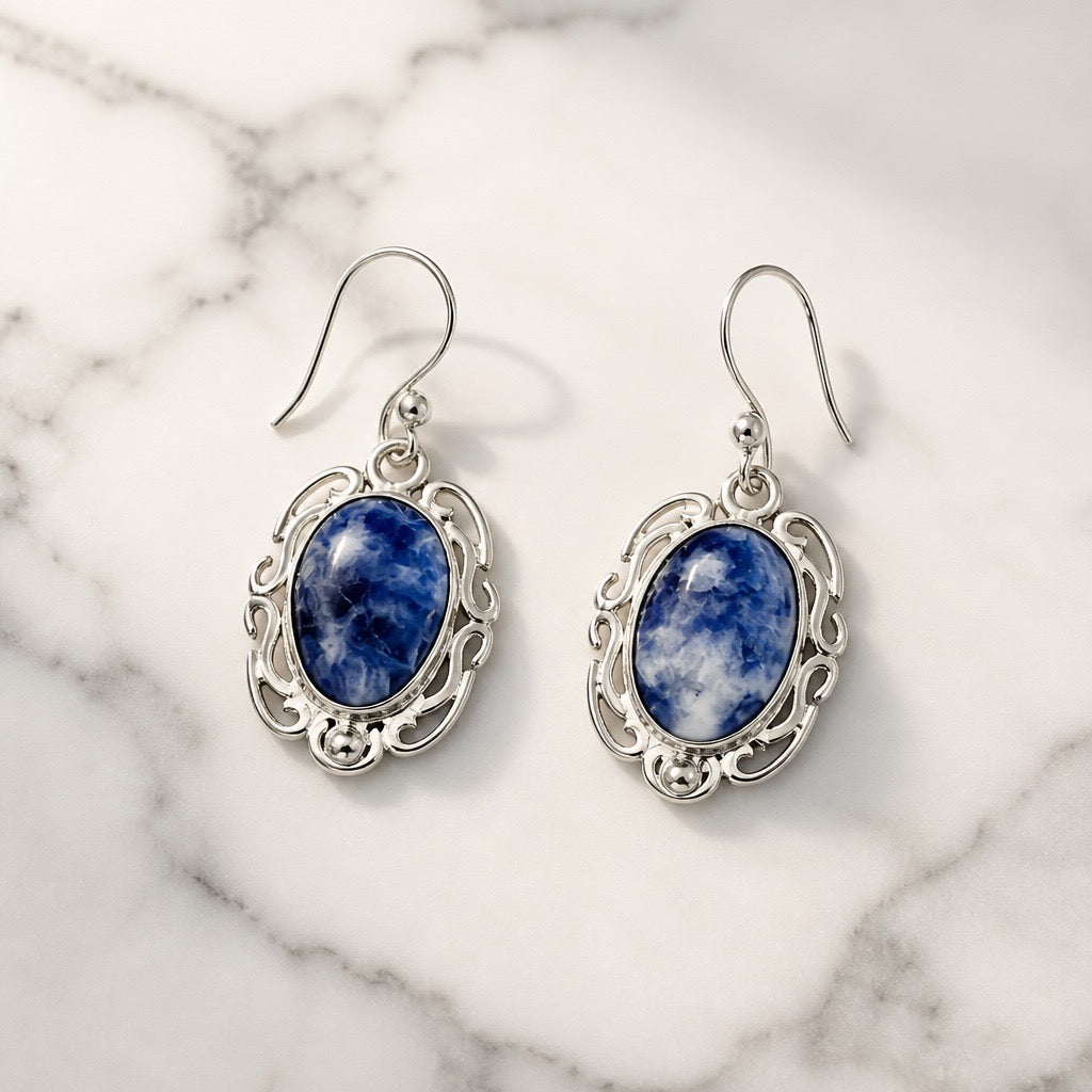 Victorian Elegance Set - 950 Sterling Silver Sodalite Gemstone (Neckalce, Earrings, Bracelet, RIng)
