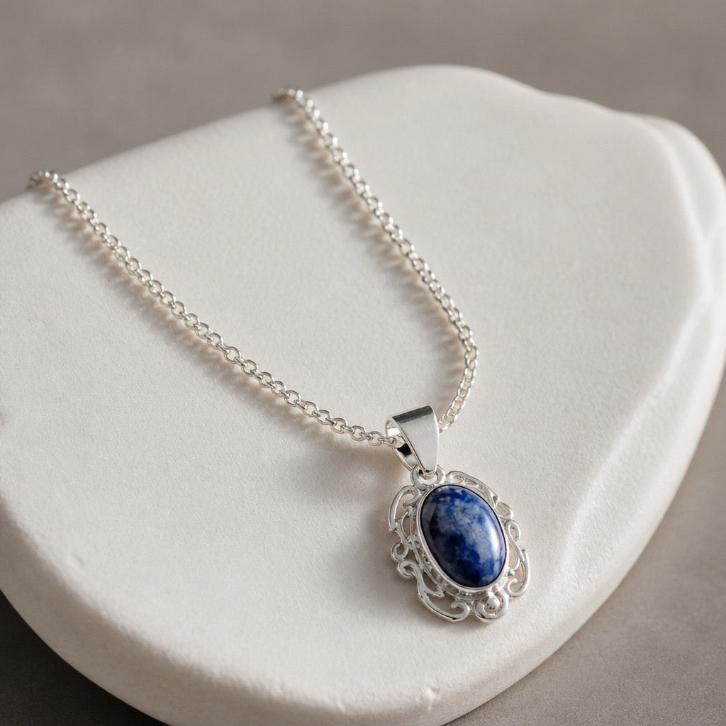 Victorian Elegance Set - 950 Sterling Silver Sodalite Gemstone (Neckalce, Earrings, Bracelet, RIng)