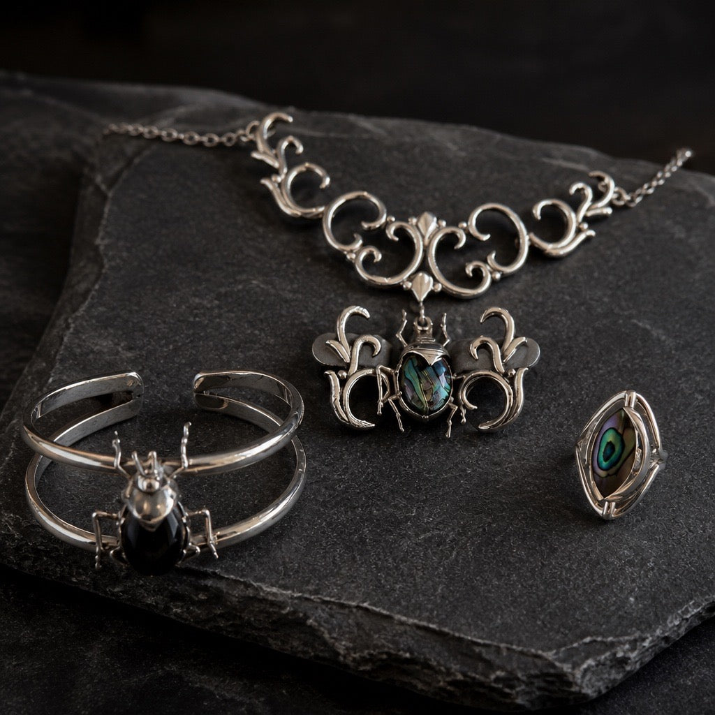 Beetle & Spark Set - 950 Sterling Silver Abalone Shell (Necklace, Earrings, Bracelet, RIng)