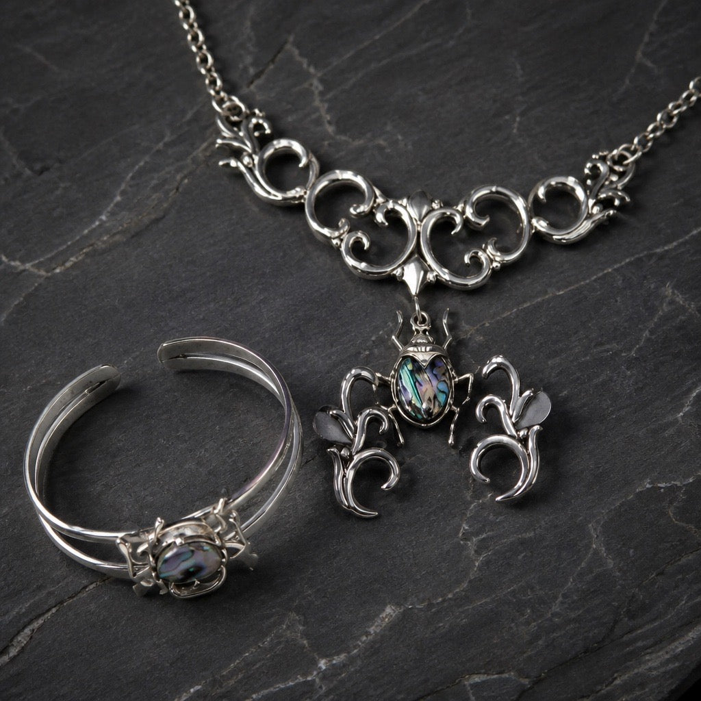 Beetle & Spark Set - 950 Sterling Silver Abalone Shell (Necklace, Earrings, Bracelet, RIng)