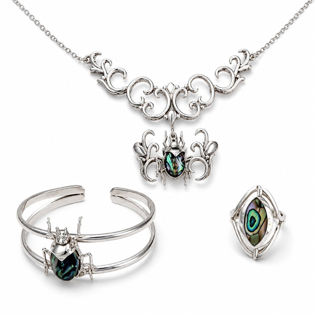Beetle & Spark Set - 950 Sterling Silver Abalone Shell (Necklace, Earrings, Bracelet, RIng)