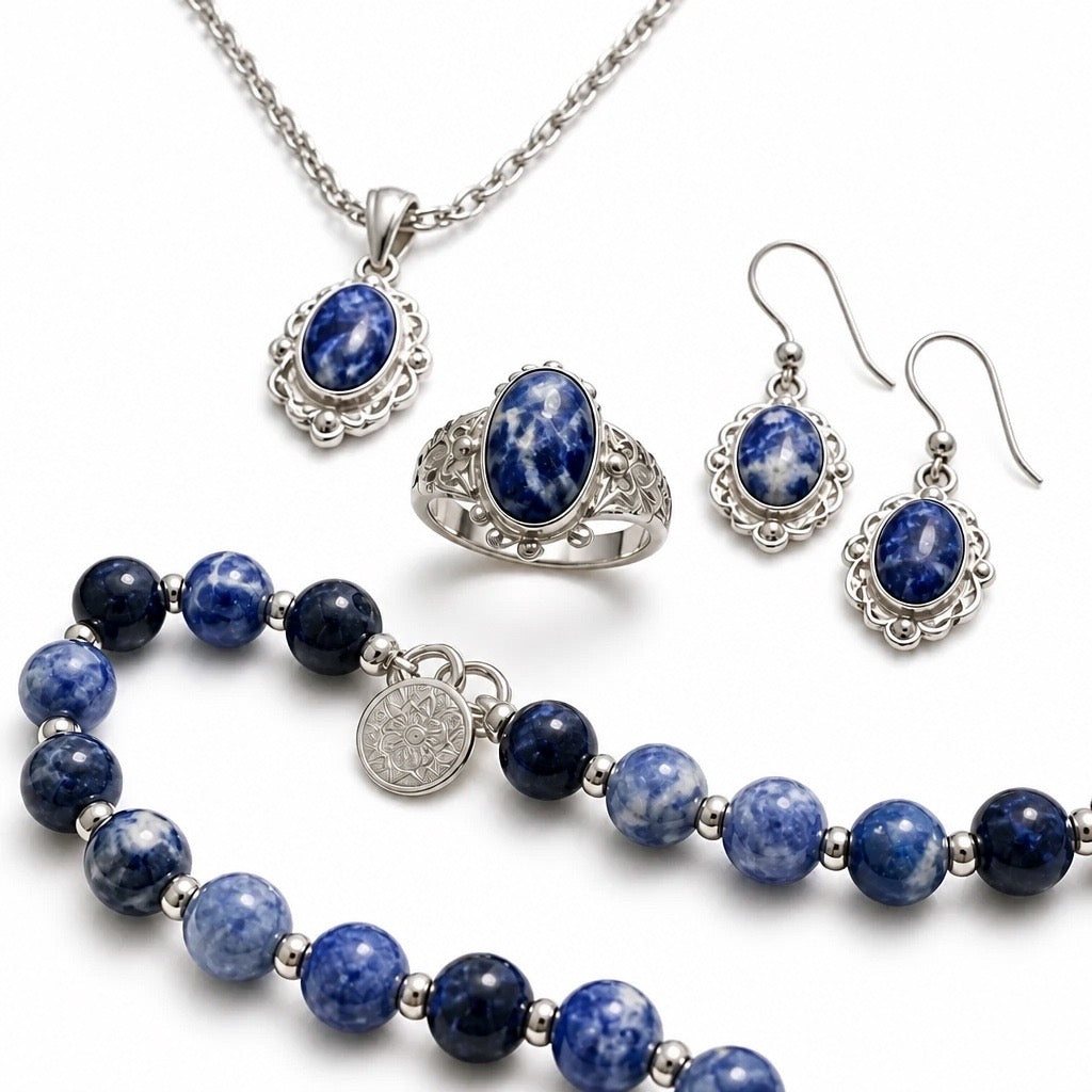 Victorian Elegance Set - 950 Sterling Silver Sodalite Gemstone (Neckalce, Earrings, Bracelet, RIng)
