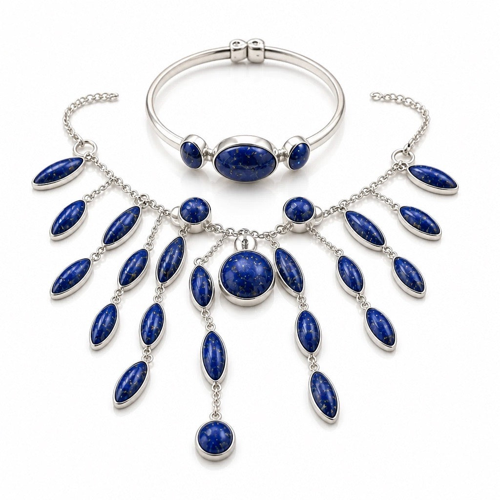 Moon Radiance Set .950 Sterling Silver Sodalite Stones (Necklace, Earrings, Bracelet and Ring