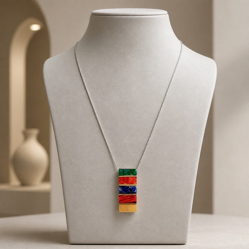 Rainbow Gems Necklace - 950 Sterling Silver Chrysocolla, Spondylus, Lapis Lazuli, Mother of Pearl