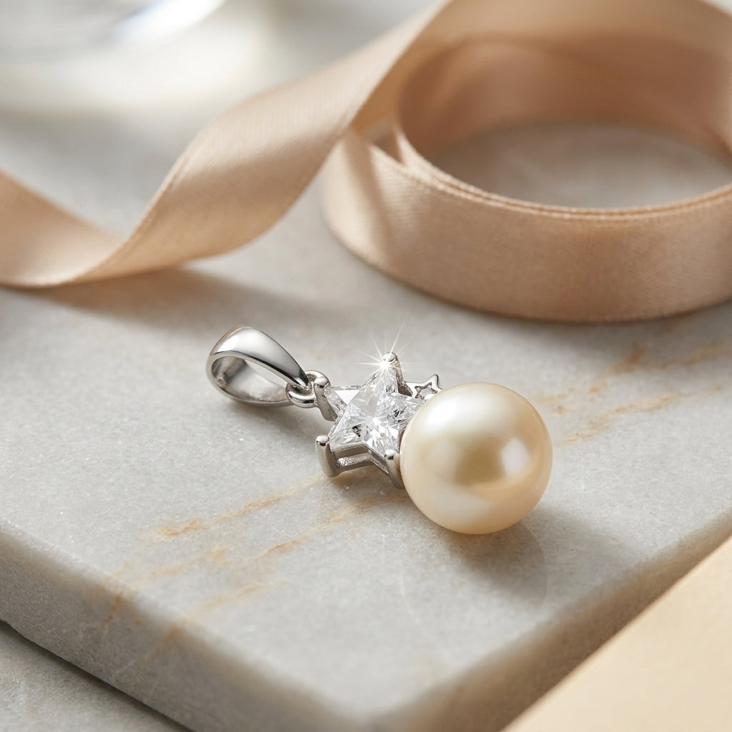 Pearl and diamond pendant on a marble surface with a beige ribbon
