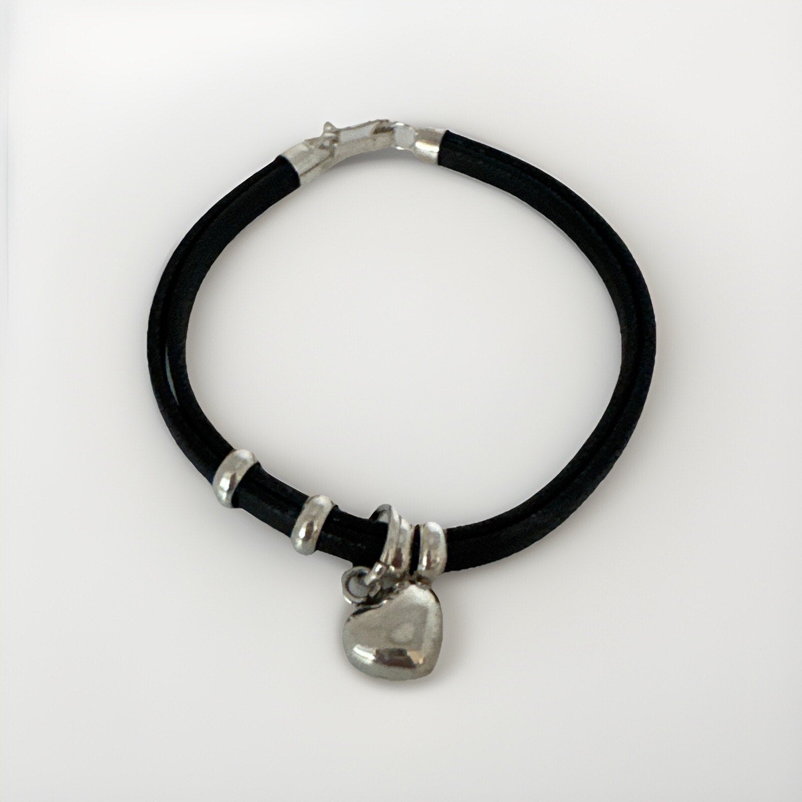 950 Sterling Silver Black Leather Bracelet Heart