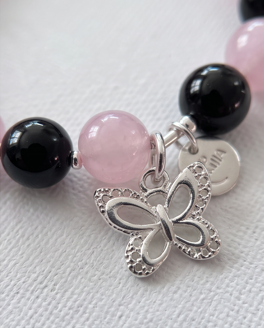 .950 Sterling Silver Rose Quartz Onyx Bracelet - 7.5”