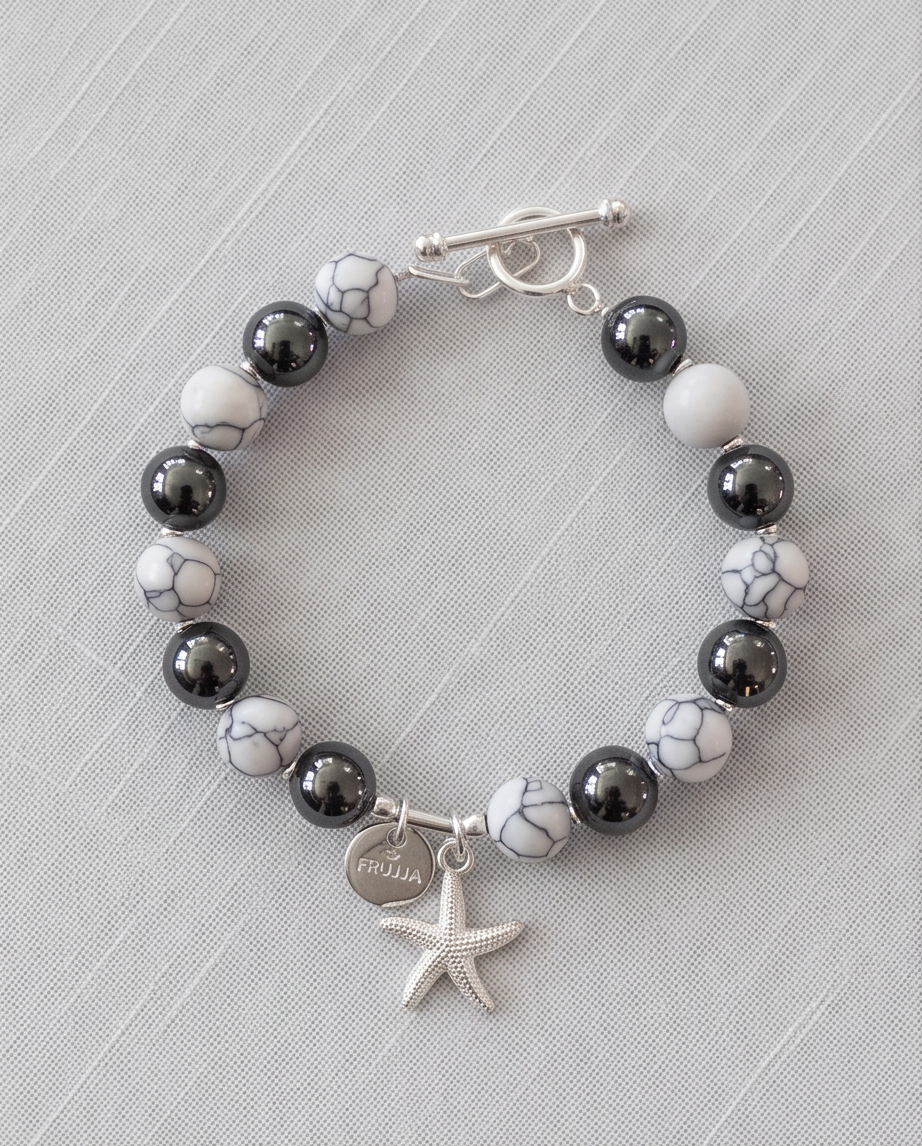 .950 Sterling Silver Hematite Howlite Stones Bracelet - 7.5”