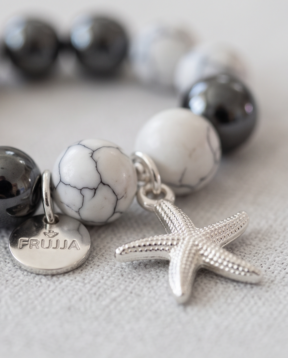 .950 Sterling Silver Hematite Howlite Stones Bracelet - 7.5”