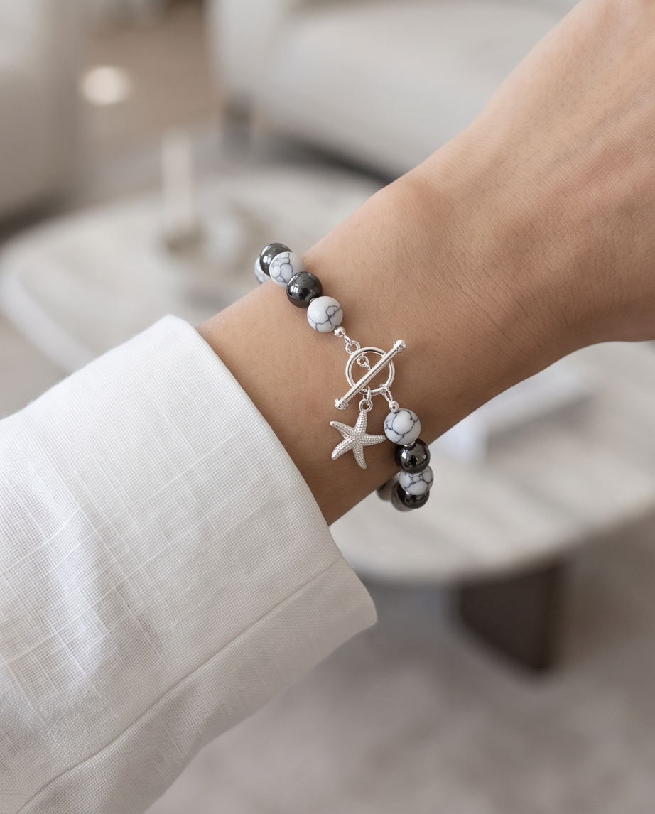 .950 Sterling Silver Hematite Howlite Stones Bracelet - 7.5”