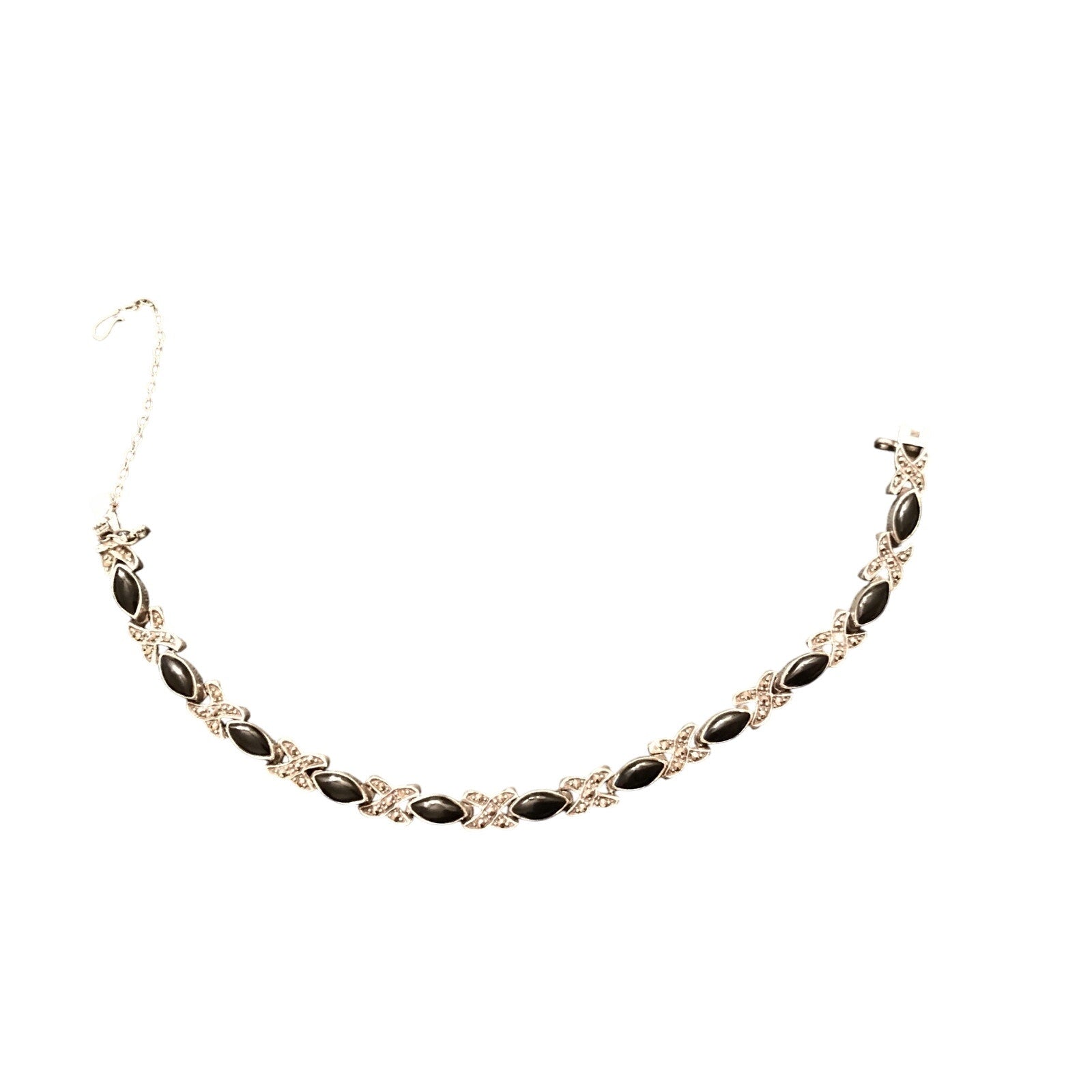 925 Sterling Silver Black Onyx Marcasite Tennis Bracelet