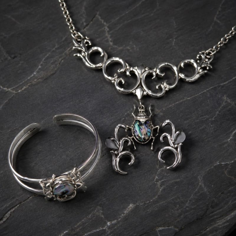 Jewelry Sets - frijja.com - Beetle & Spark Set - 950 Sterling Silver Abalone Shell (Necklace Earrings Bracelet RIng)