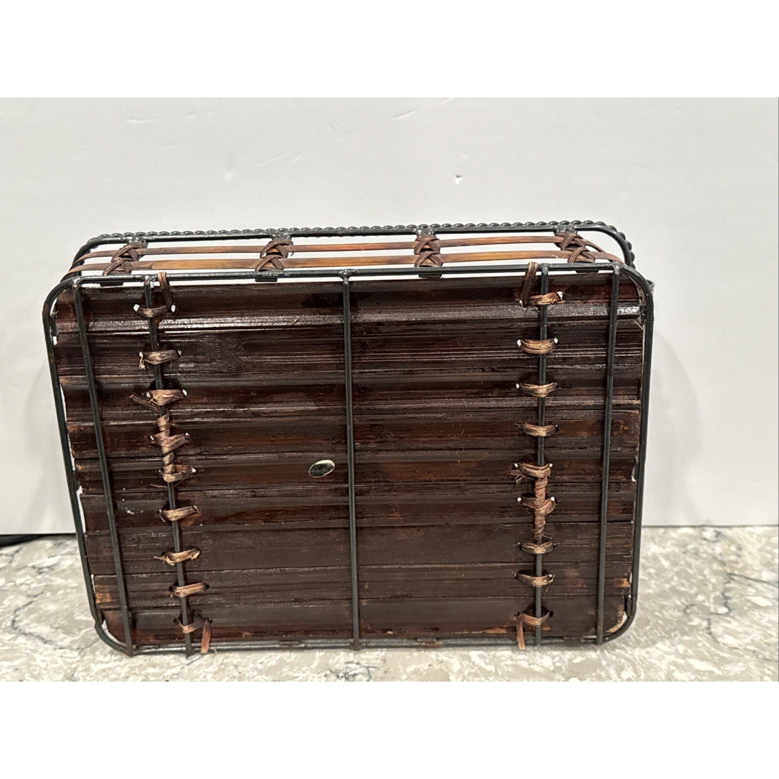 Woven Bamboo Tray with Metal Structure Handles Black/Brown