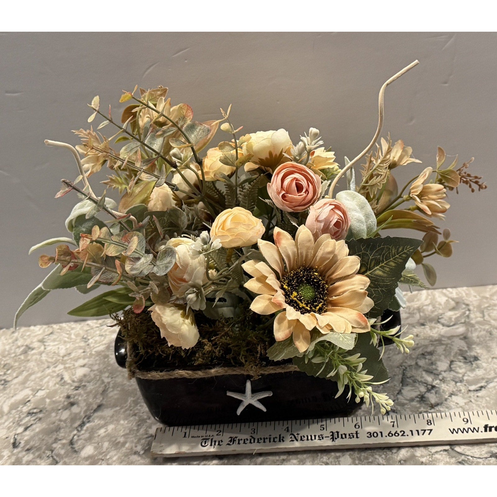 Spring Silk Floral Arrangement Black Ceramic Vase Nautical Decor