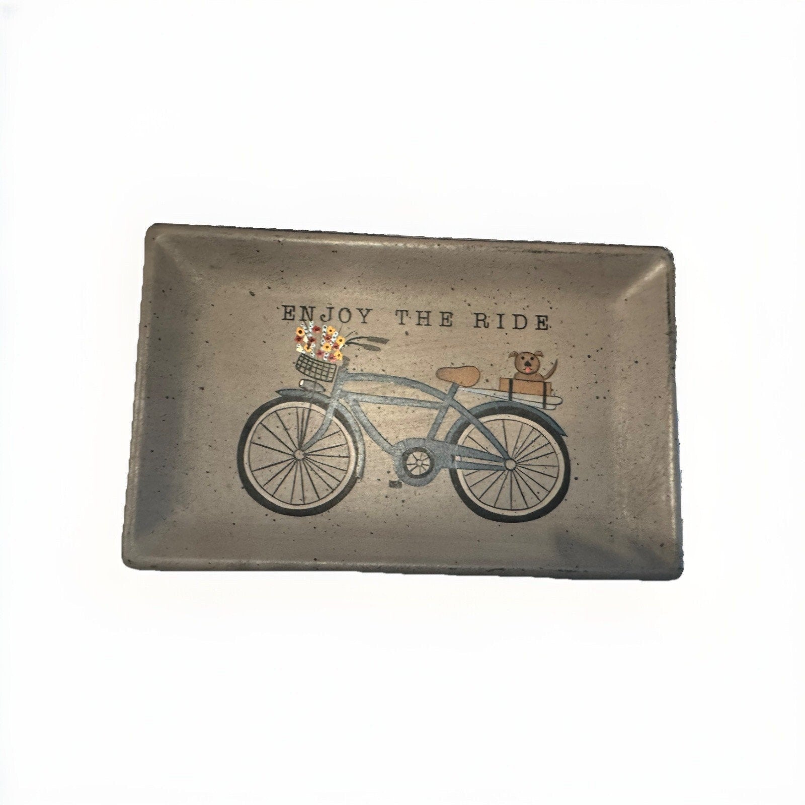 Vintage Donna White Bicycle ‘Enjoy the Ride’ Coin Key Wood Tray Rustic Farmhouse