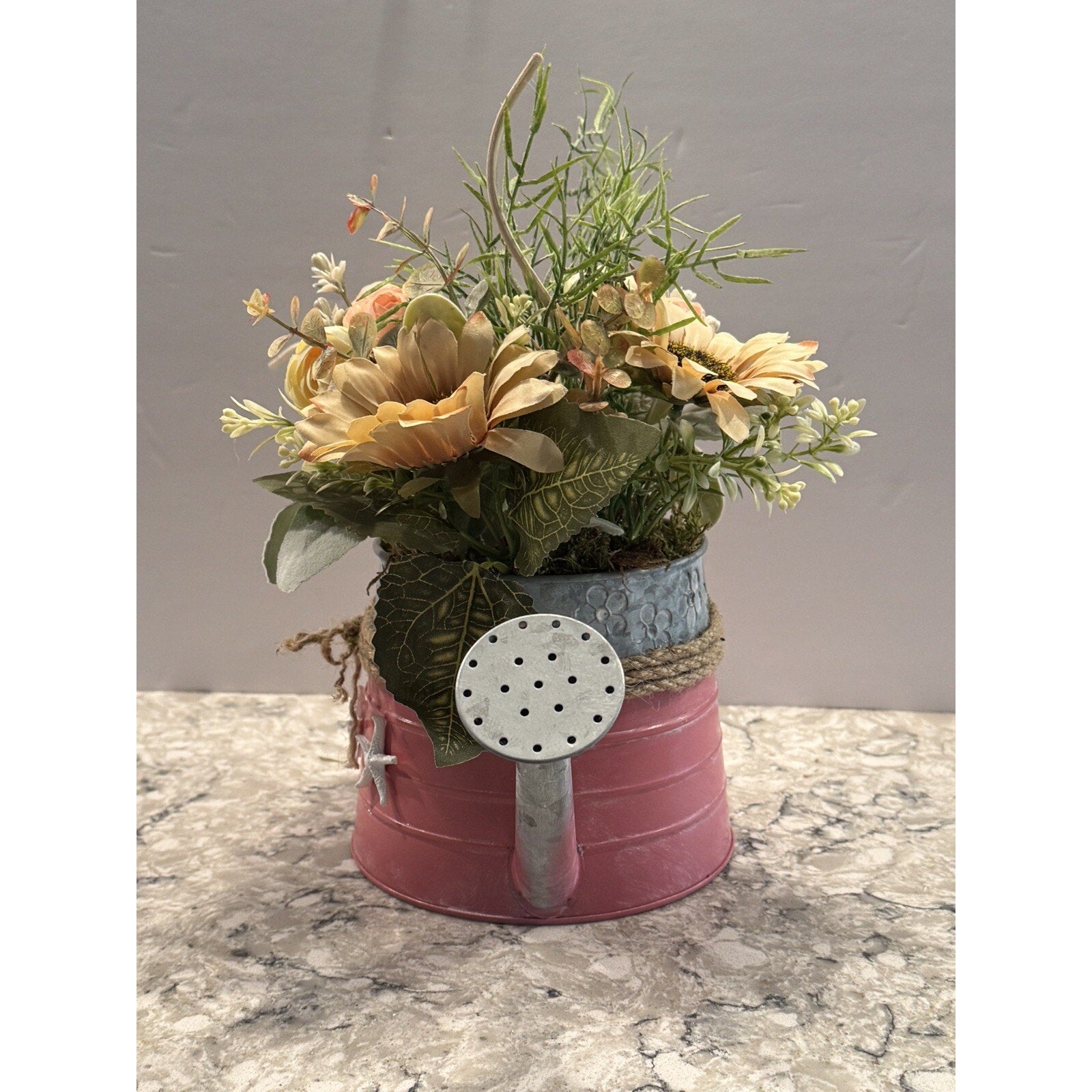 Spring Floral Arrangement in Metal Watering Can - Farmhouse Beach Rustic Decor