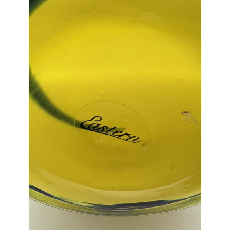 Eastern Retro Hand Blown Glass Vase Yellow W/Blue Green Swirl 8” - Frijja, LLC